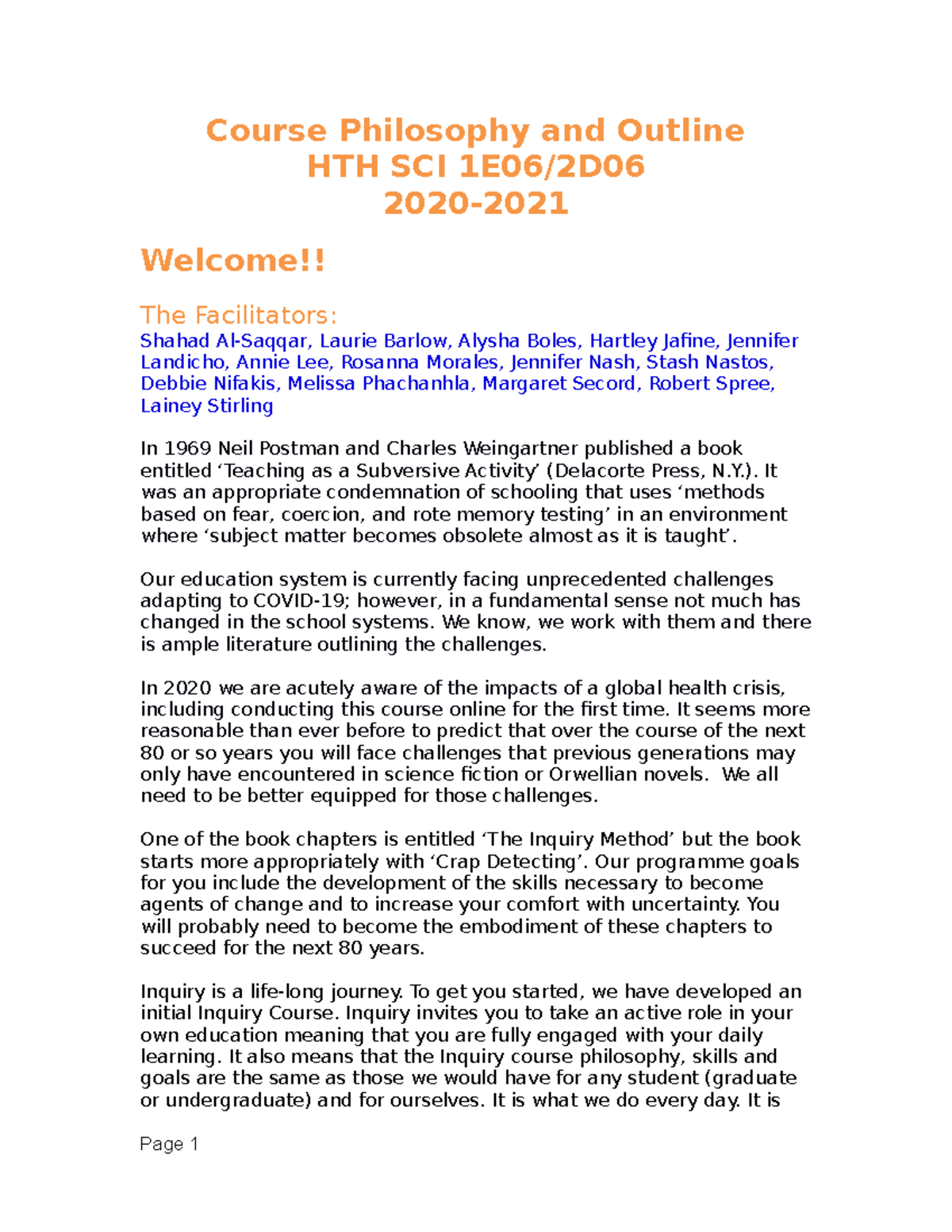 HTH SCI 1E06 Course Outline for Inquiry and Learning Skills - Studocu