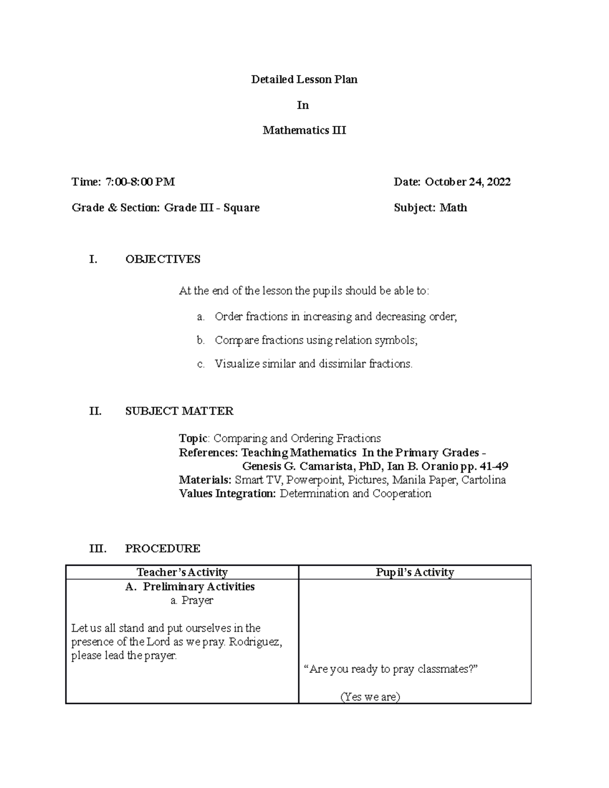 Detailed Lesson Plan for MATH III: Comparing & Ordering Fractions - Studocu
