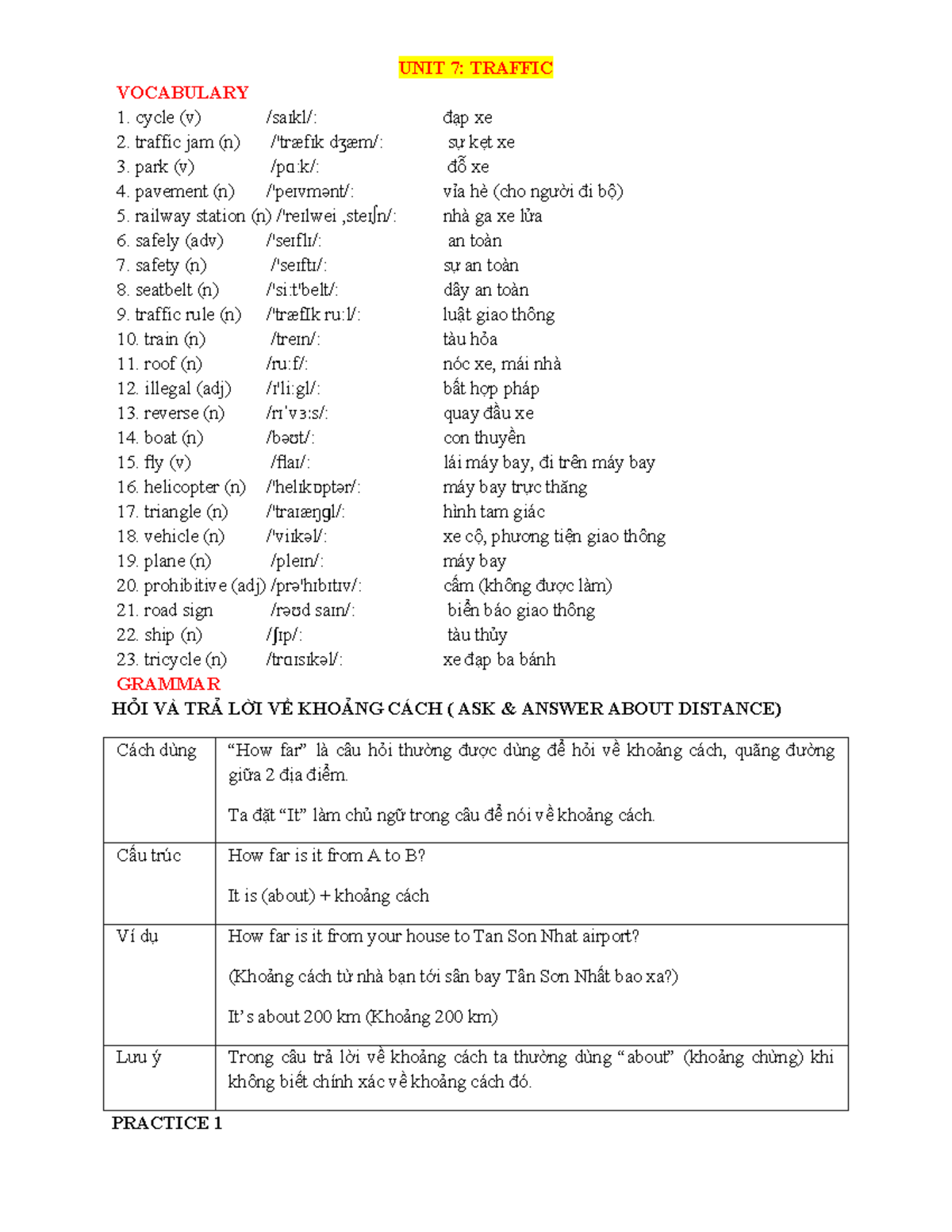 UNIT 7: TRAFFIC VOCABULARY & DISTANCE QUESTIONS - GRADE 7 - Studocu