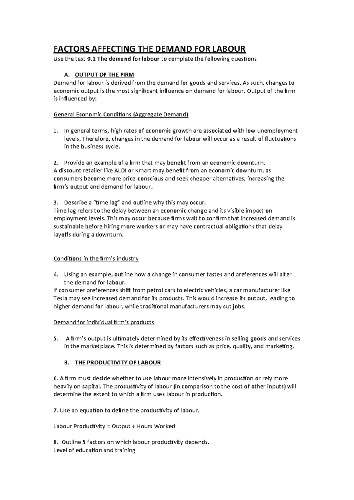 1.1 Factors Influencing Labour Demand: Economic Output & Productivity ...