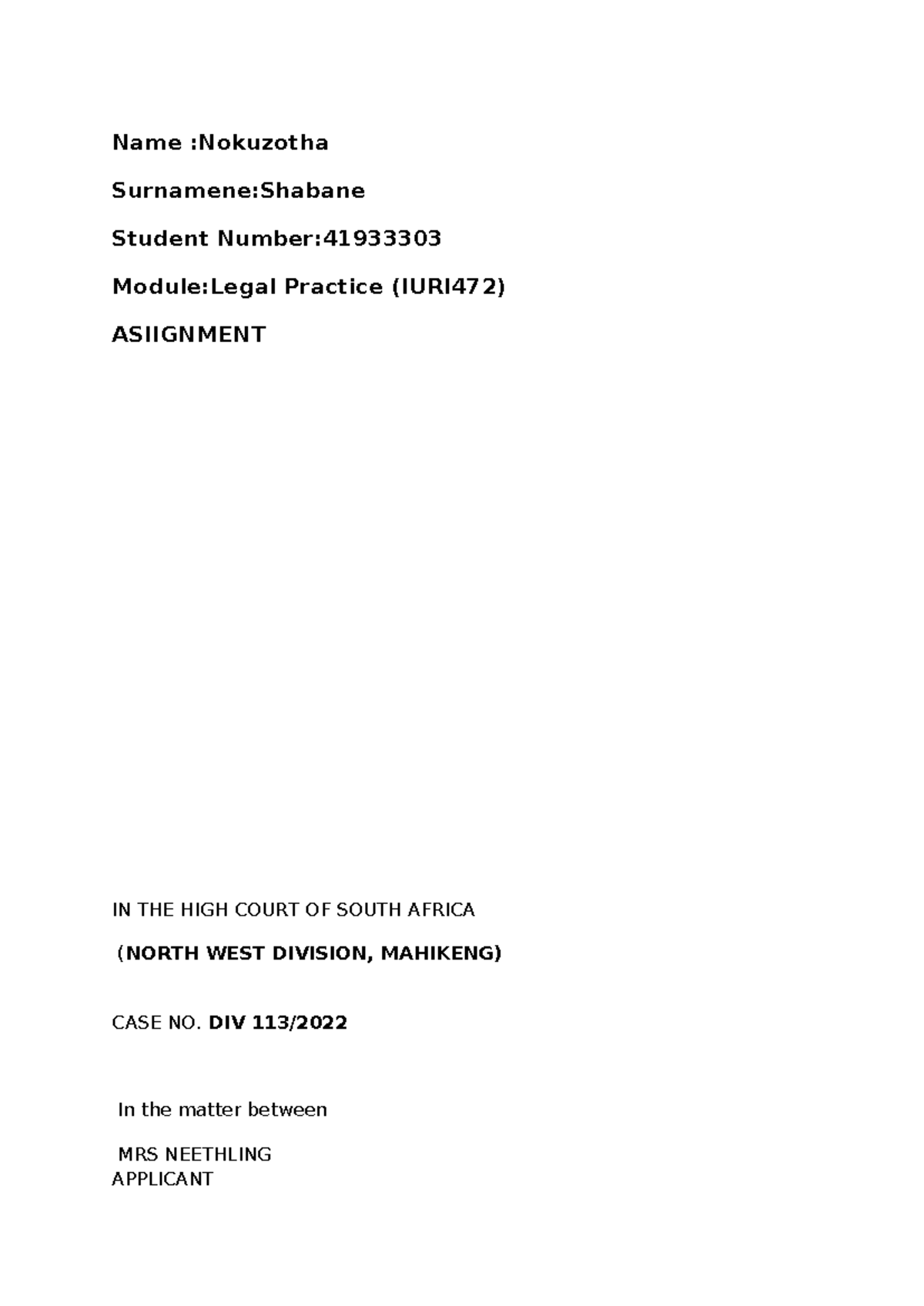 Drafting Rule 43 Application: Legal Practice (IURI472) Assignment - Studocu