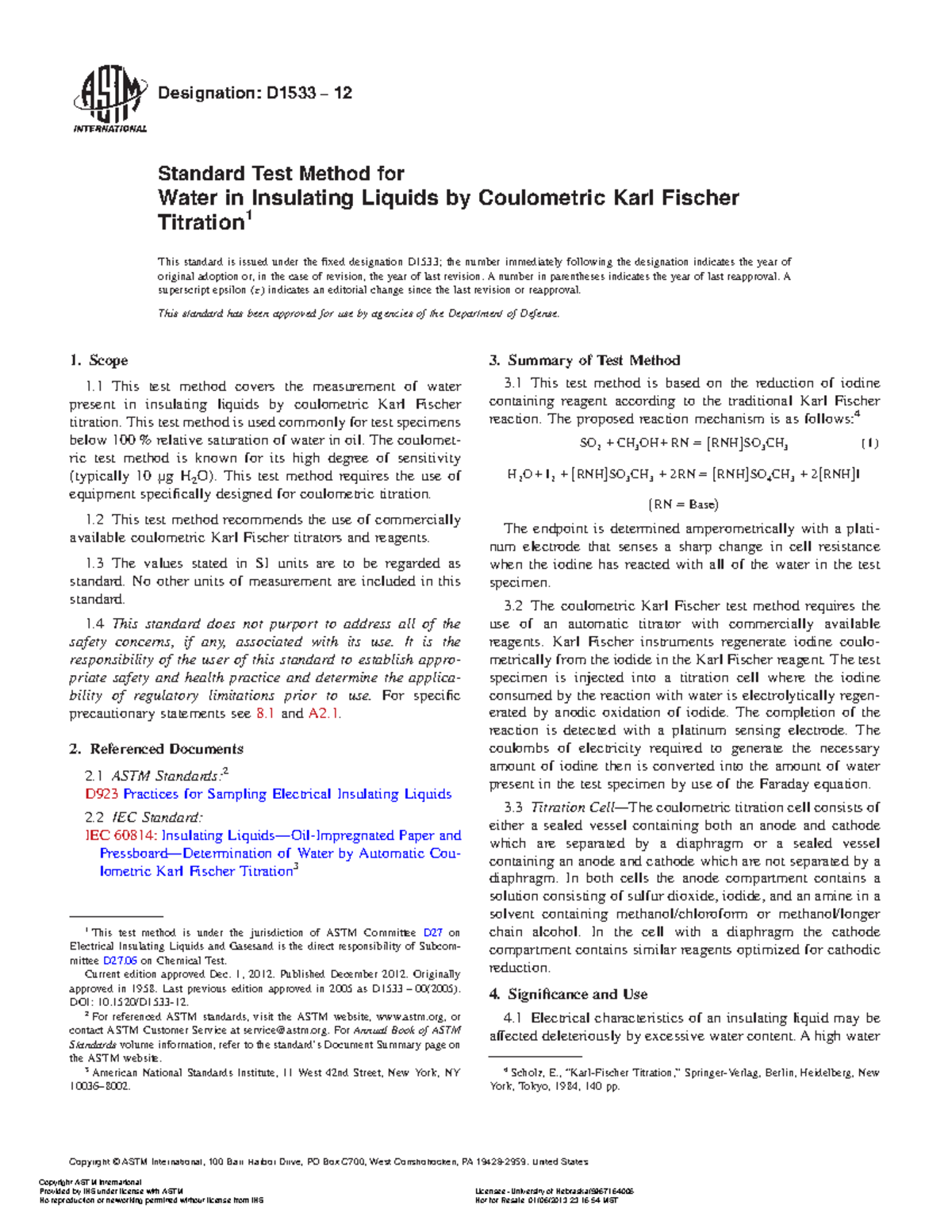ASTM D1533-12 Standard Test Method for Water in Insulating Liquids - Document Preview