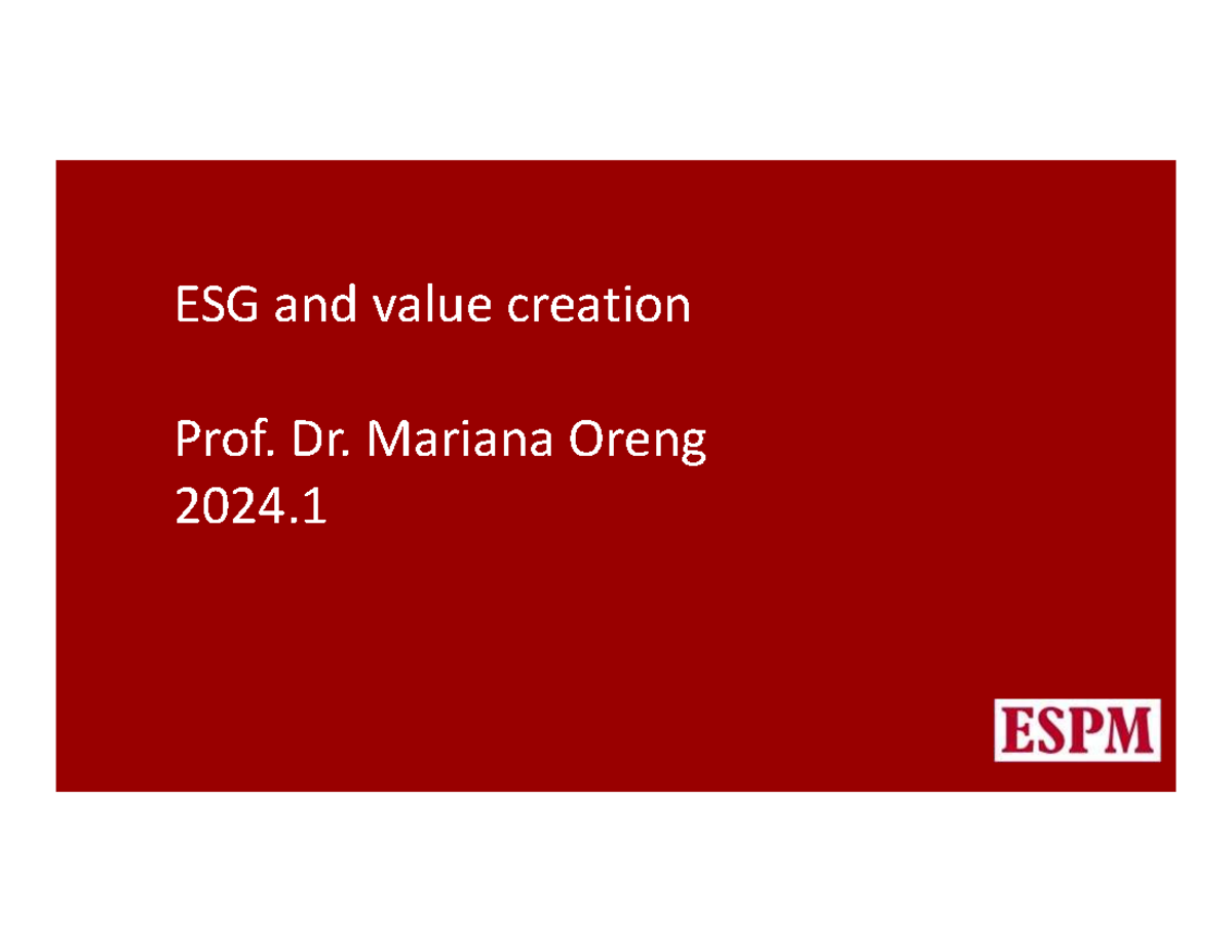 ESG and Value Creation: Insights and Analysis for 2024.1 - Studocu