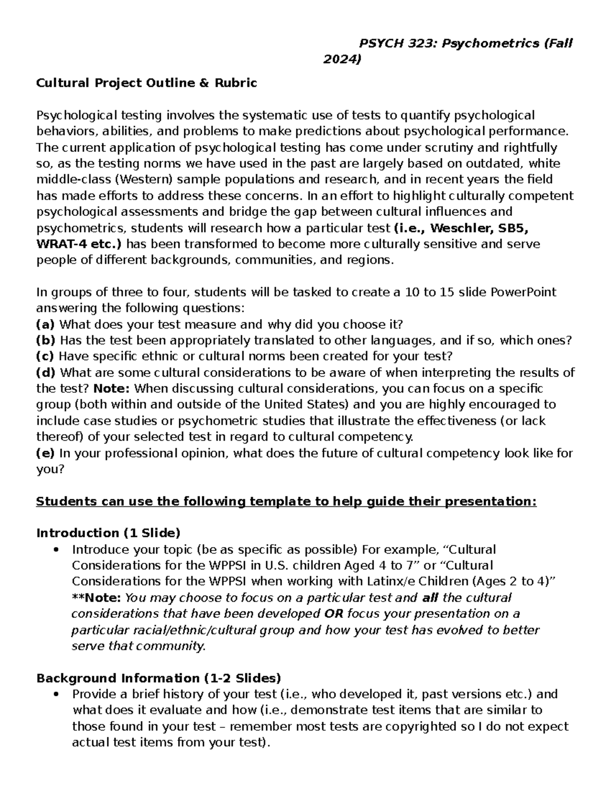 PSYCH 323 (Fall 2024) - Guidelines for Cultural Project Presentation ...