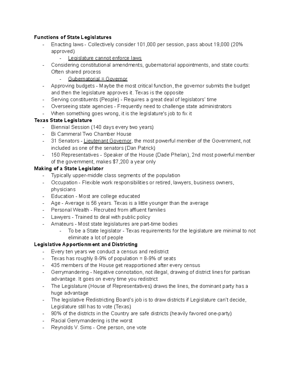 POLS 207 - Exam 3 Study Notes on State Legislatures and Governance ...