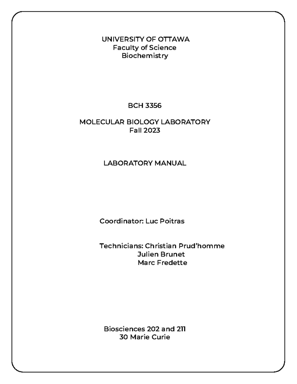 BCH3356 2023 - Molecular Biology Laboratory Manual for Fall - Studocu