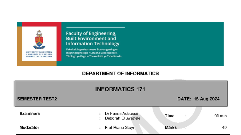 INF171 2024 Semester Test 2 Memo: Comprehensive Solutions - Studocu