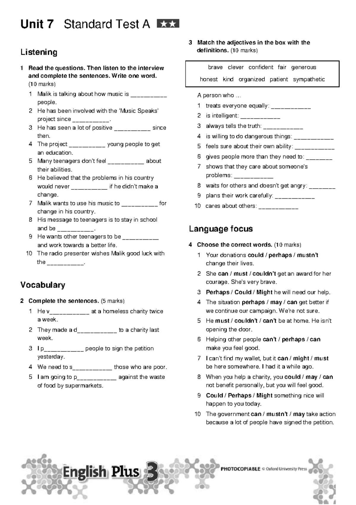 Unit 7 Standard Test A: Listening & Vocabulary Exercises - Studocu