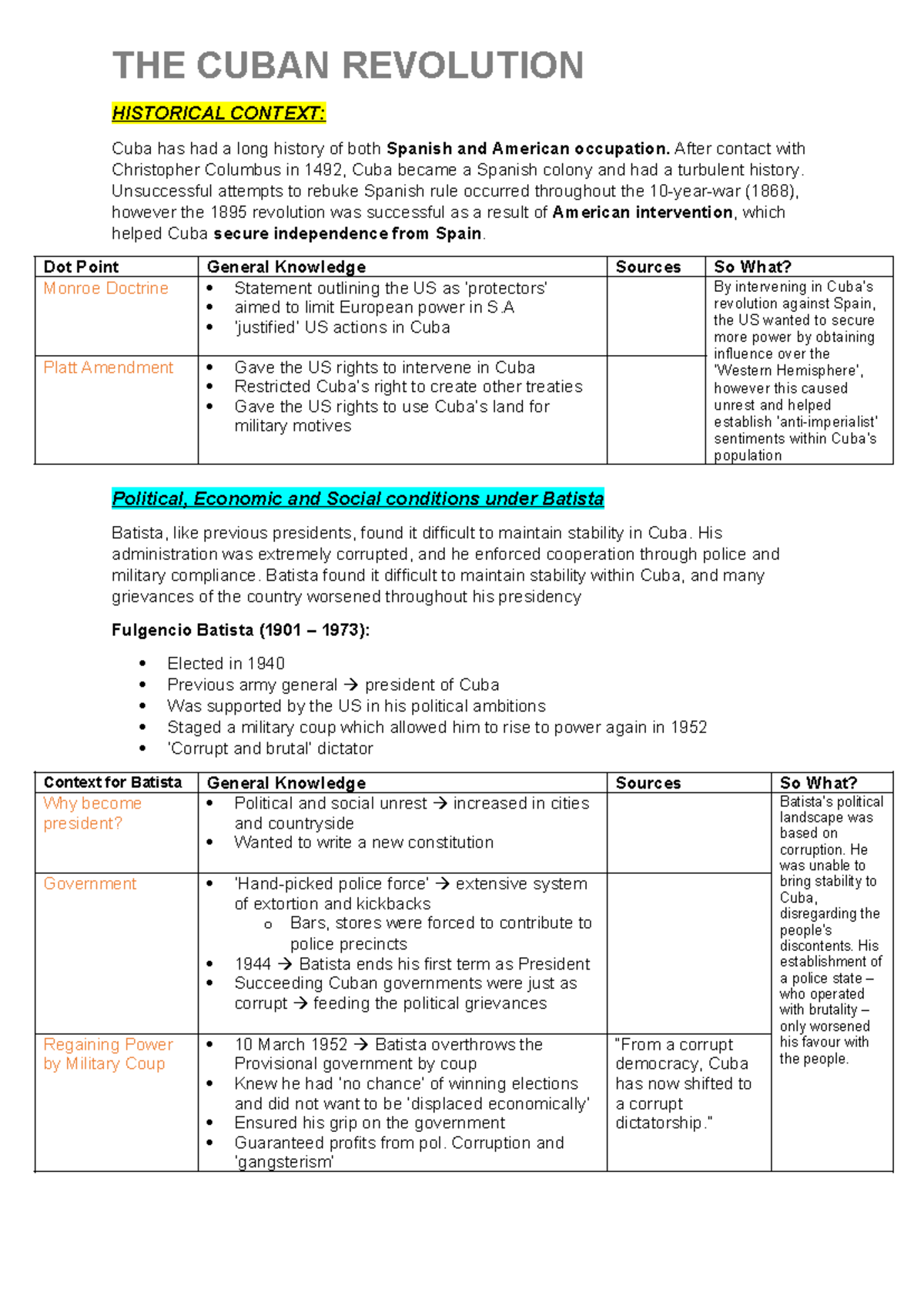 Cuban Revolution Study Notes (HIST 101) - Causes and Consequences - Studocu