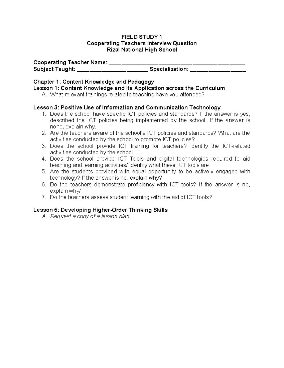 FIELD STUDY 1: Cooperating Teachers Interview Questions at Rizal ...