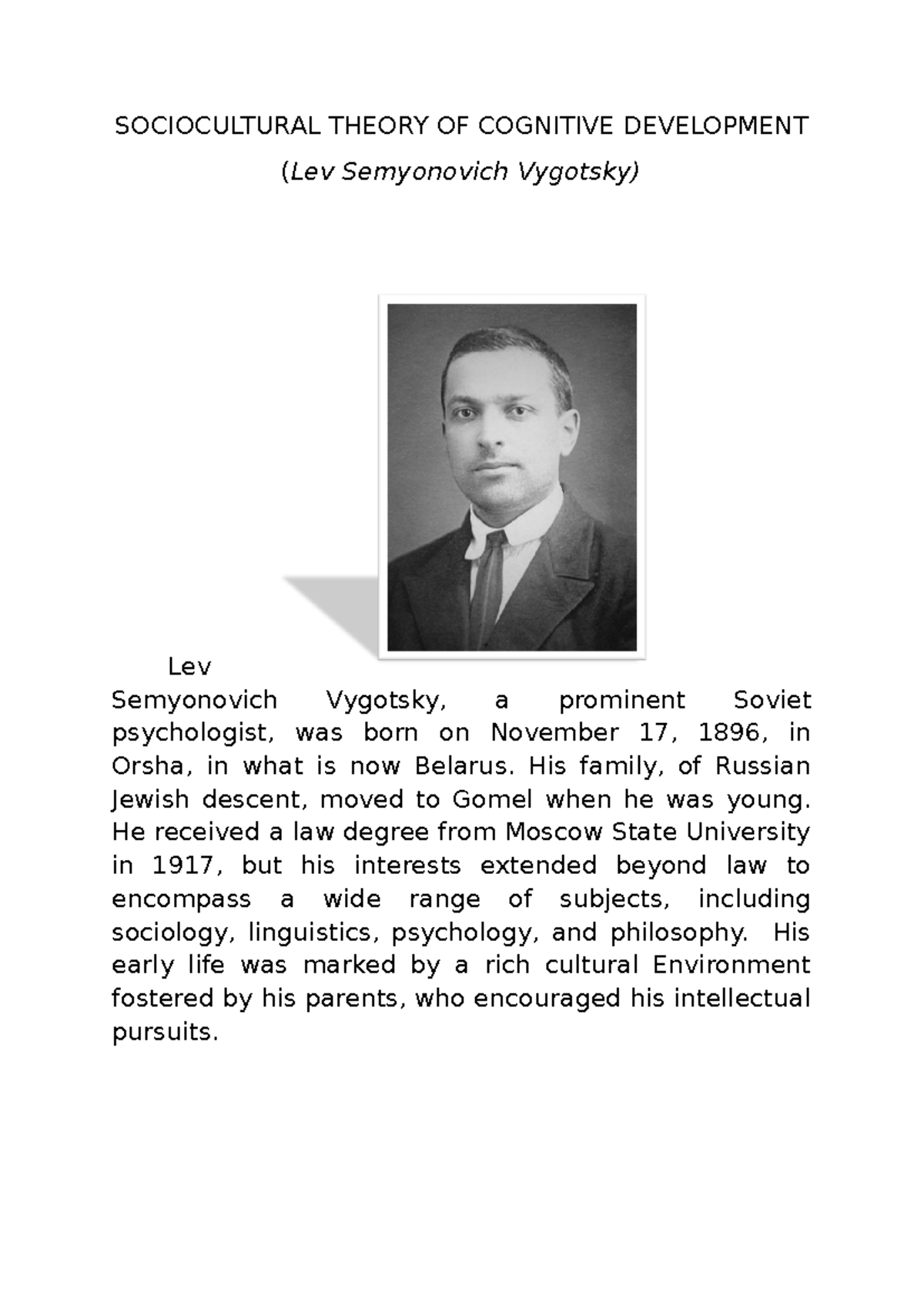 Sociocultural Theory OF Cognitive Development - SOCIOCULTURAL THEORY OF ...