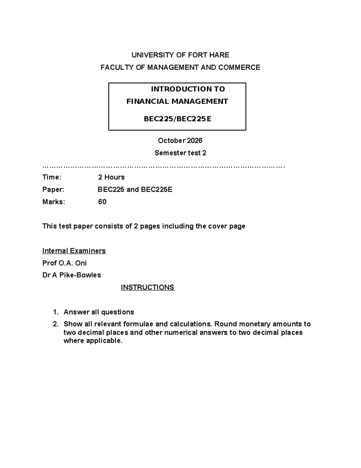 BEC225 & BEC225E Intro to Financial Management Sem Test 2 - Studocu