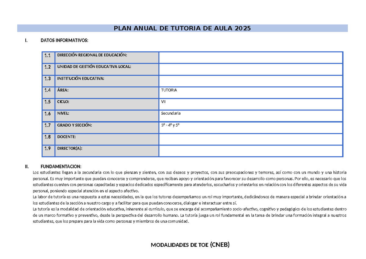 PLAN Anual DE Tutoria DE AULA 2025 - PLAN ANUAL DE TUTORIA DE AULA 2025 ...