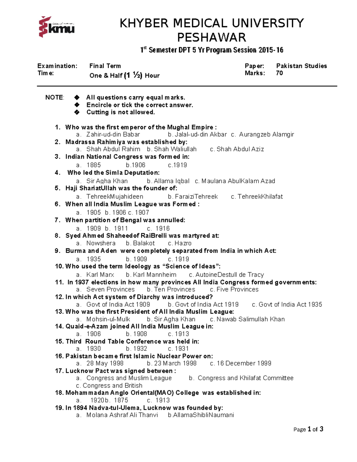 Final Exam: Pakistan Studies (DPT 1st Sem) - 2015-16 - Studocu