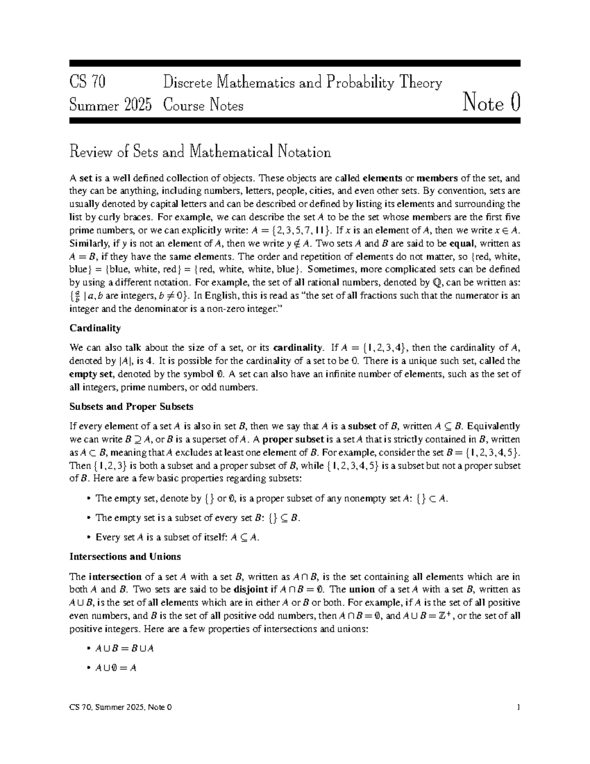 CS 70 Summer 2025: Discrete Math & Probability Theory Notes - Studocu