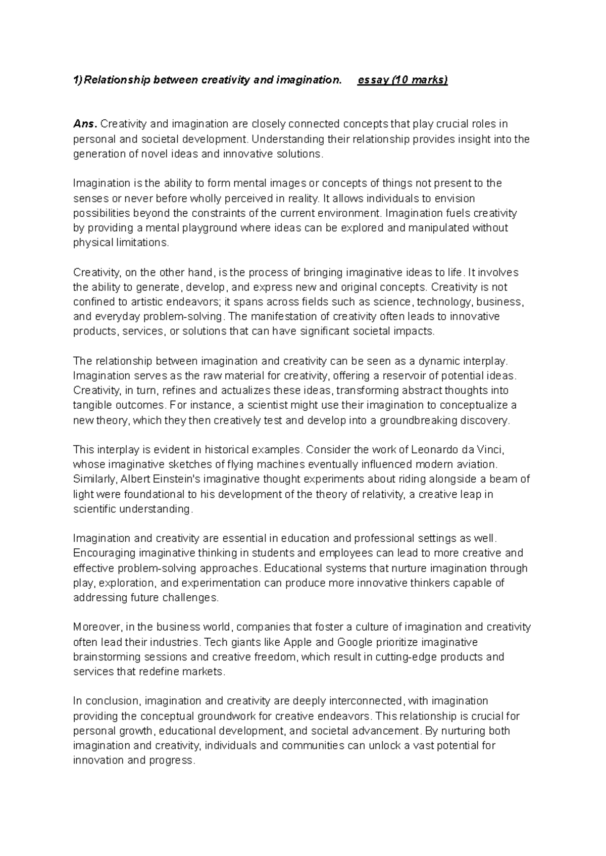 ENG1001: Essay on the Relationship Between Creativity and Imagination ...
