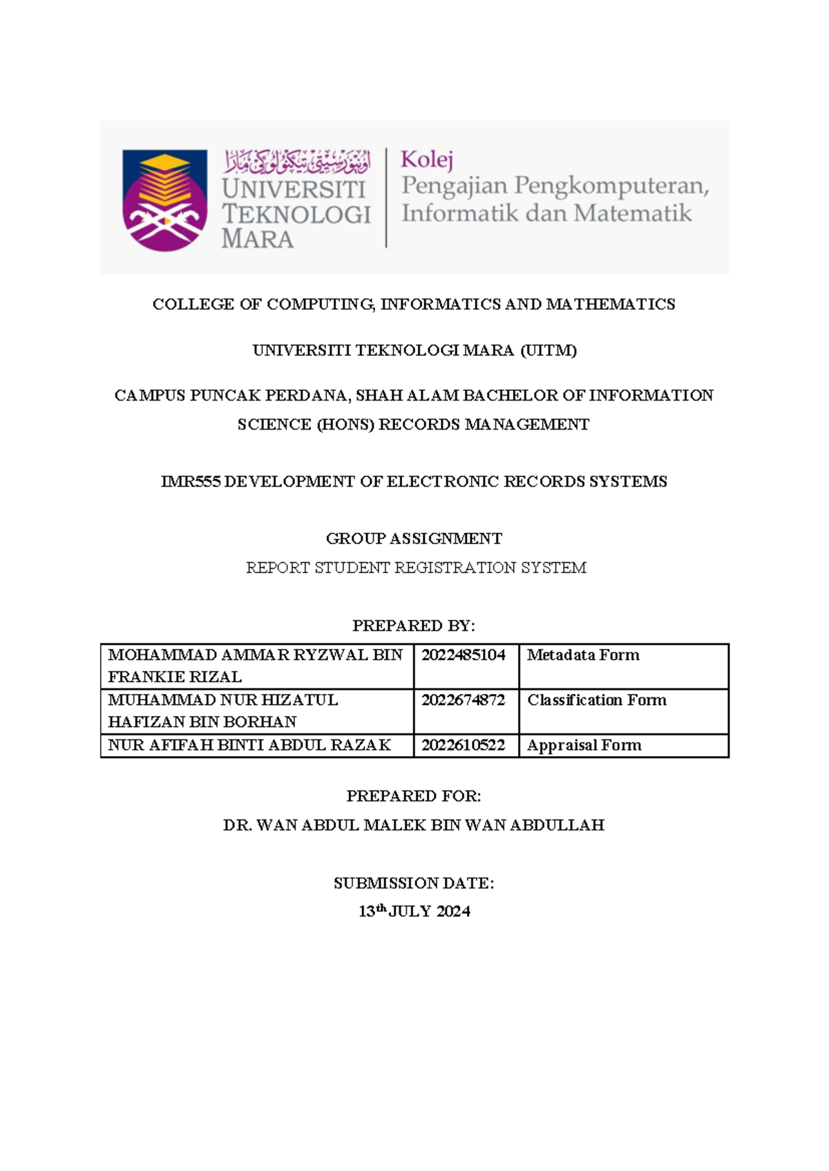 IMR555 Group Assignment: Report on Electronic Student Registration ...