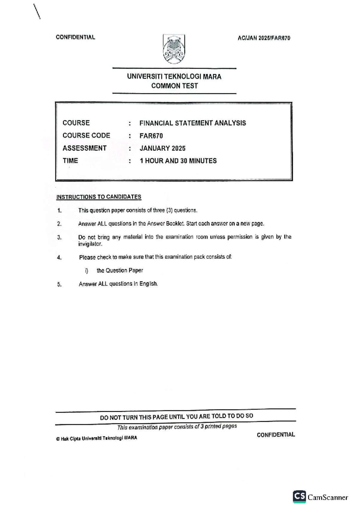 Test FAR670 Common Test: Financial Statement Analysis January 2025 ...