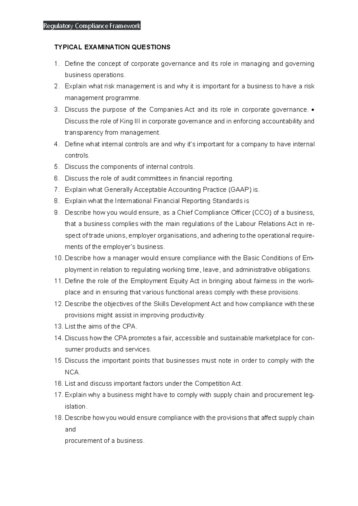 Regulatory Compliance Framework: Typical Exam Questions Insights - Studocu
