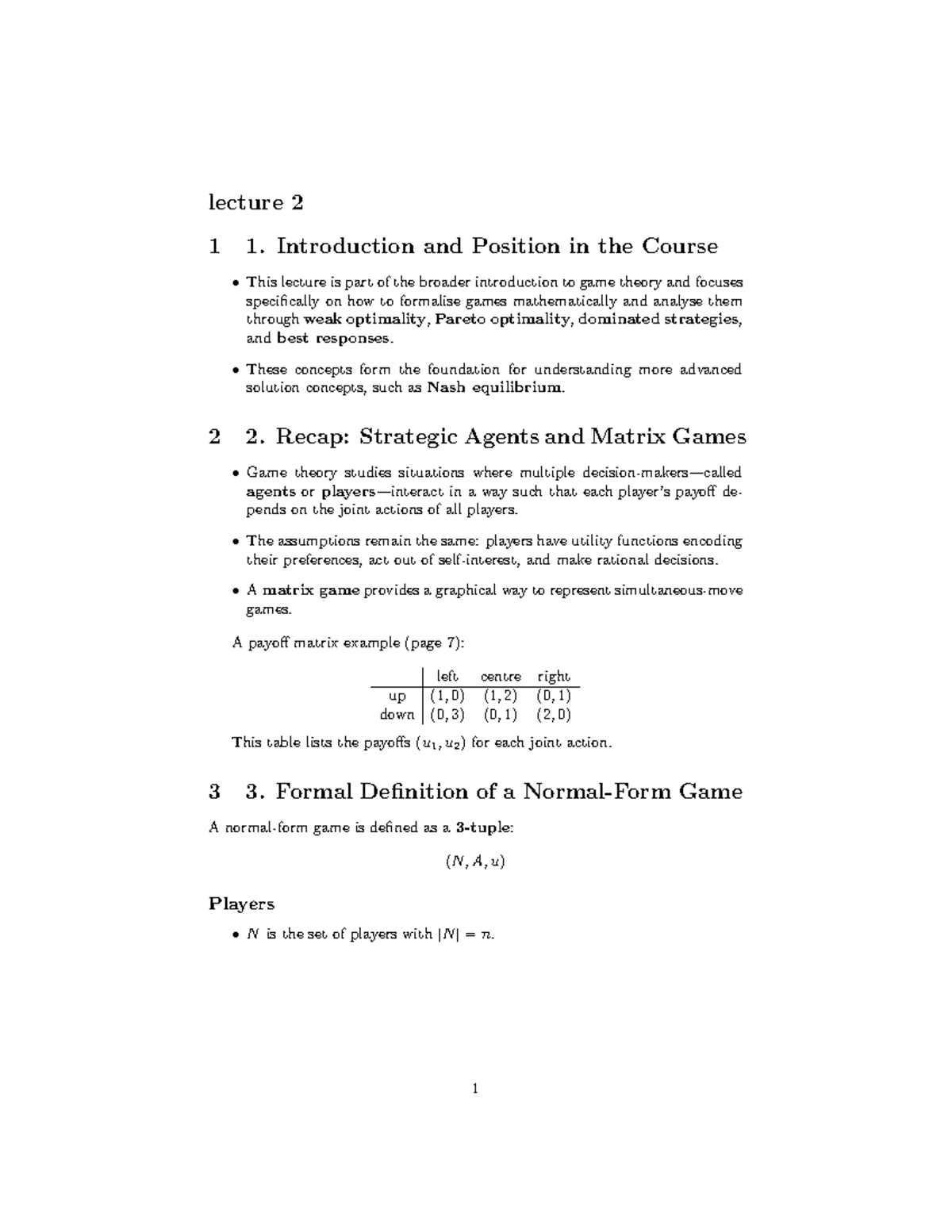 Lecture 2: Introduction to Game Theory and Strategic Agents - Studeersnel