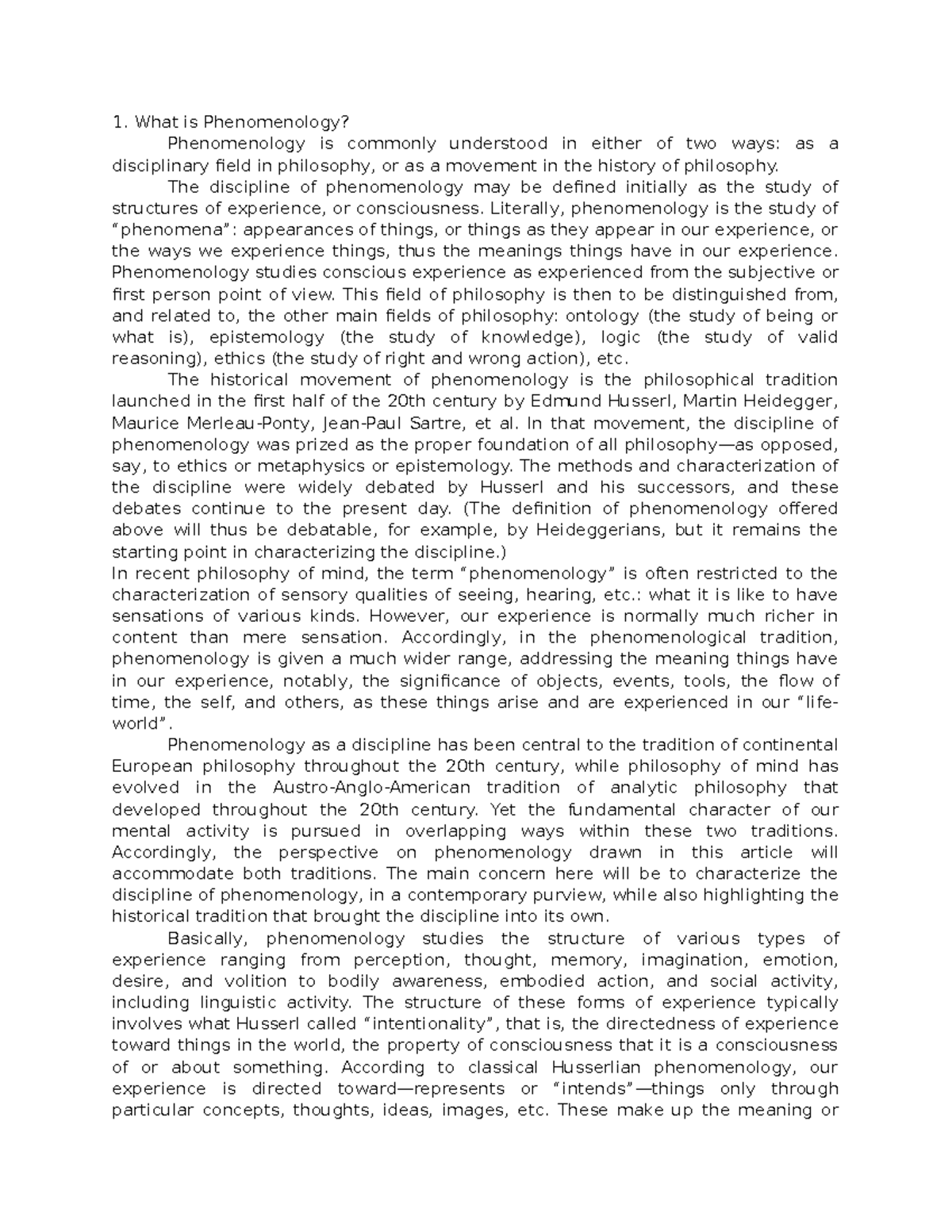 PHI 101: Lecture Notes on Understanding Phenomenology - Studocu
