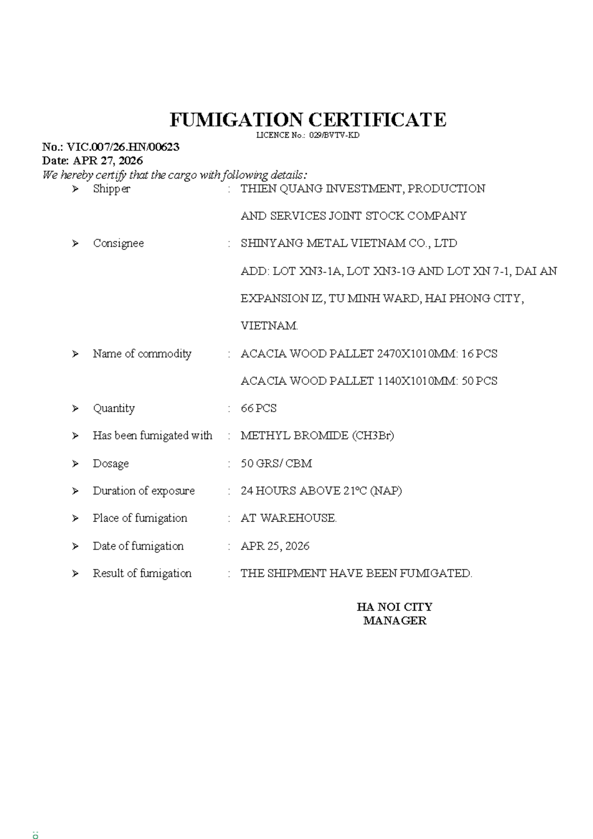 FUMIGATION CERTIFICATE - THIEN QUANG INVESTMENT - APR 2026 - Studocu
