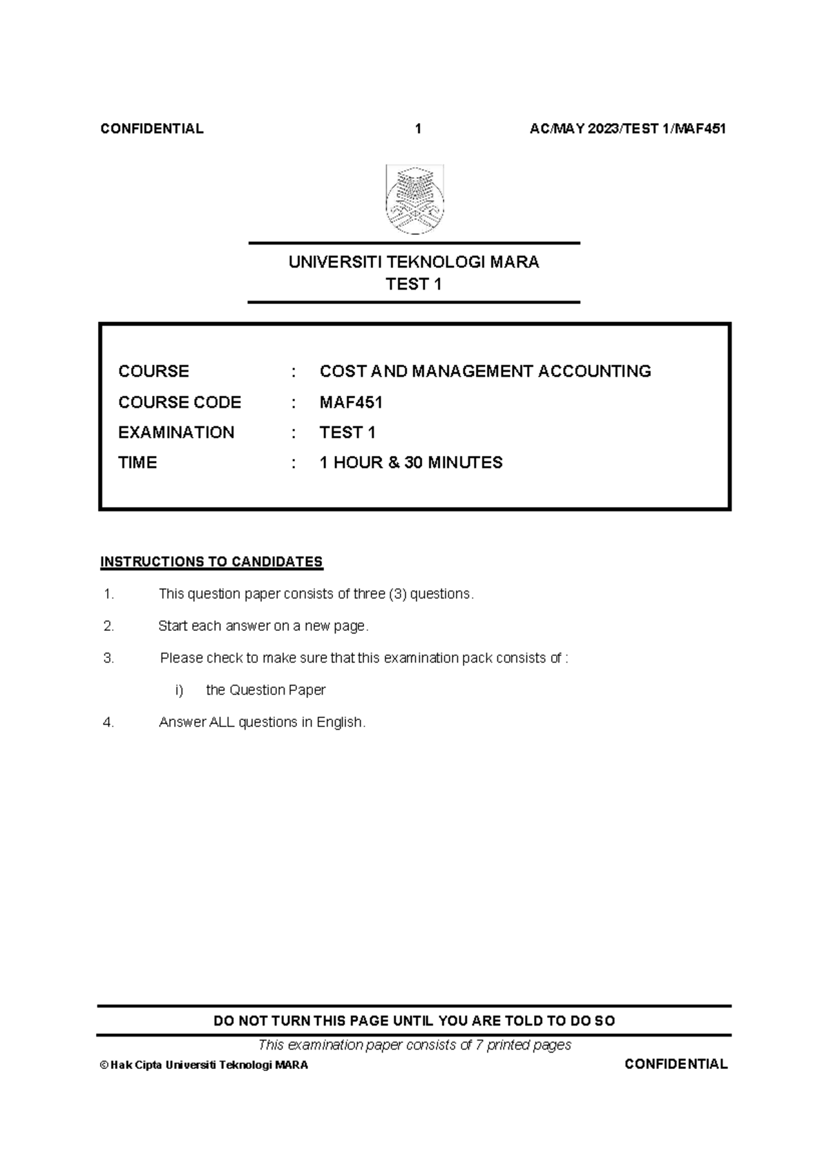 MAF451 TEST 1 - COST AND MANAGEMENT ACCOUNTING - MAY 2023 - Studocu
