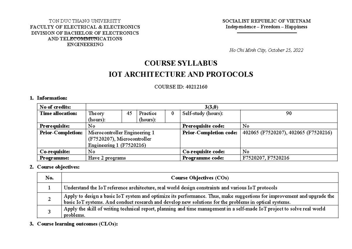 Course Syllabus: IoT Architecture and Protocols (40212160) - Studocu