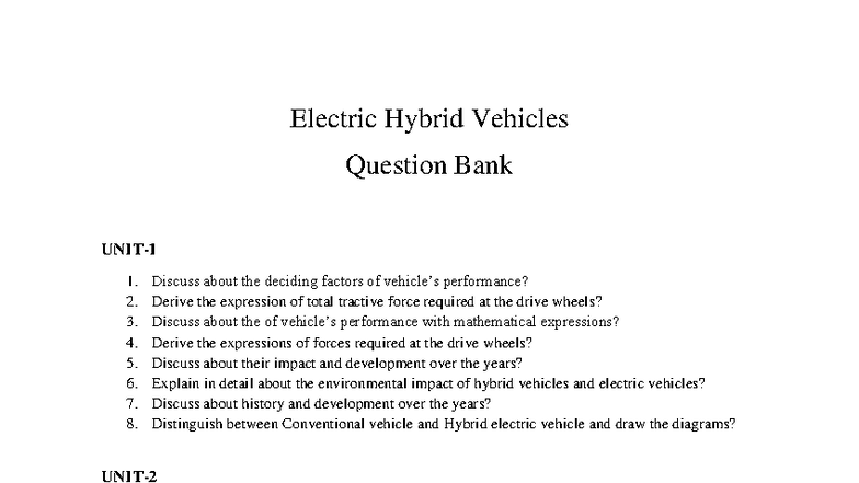 EHV 23: Comprehensive Question Bank on Electric Hybrid Vehicles - Studocu