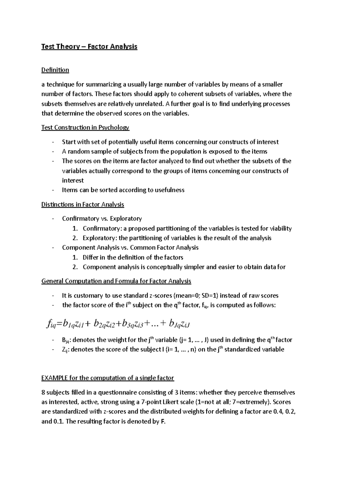 Factor Analysis Summary for Test Theory: Key Concepts and Techniques ...