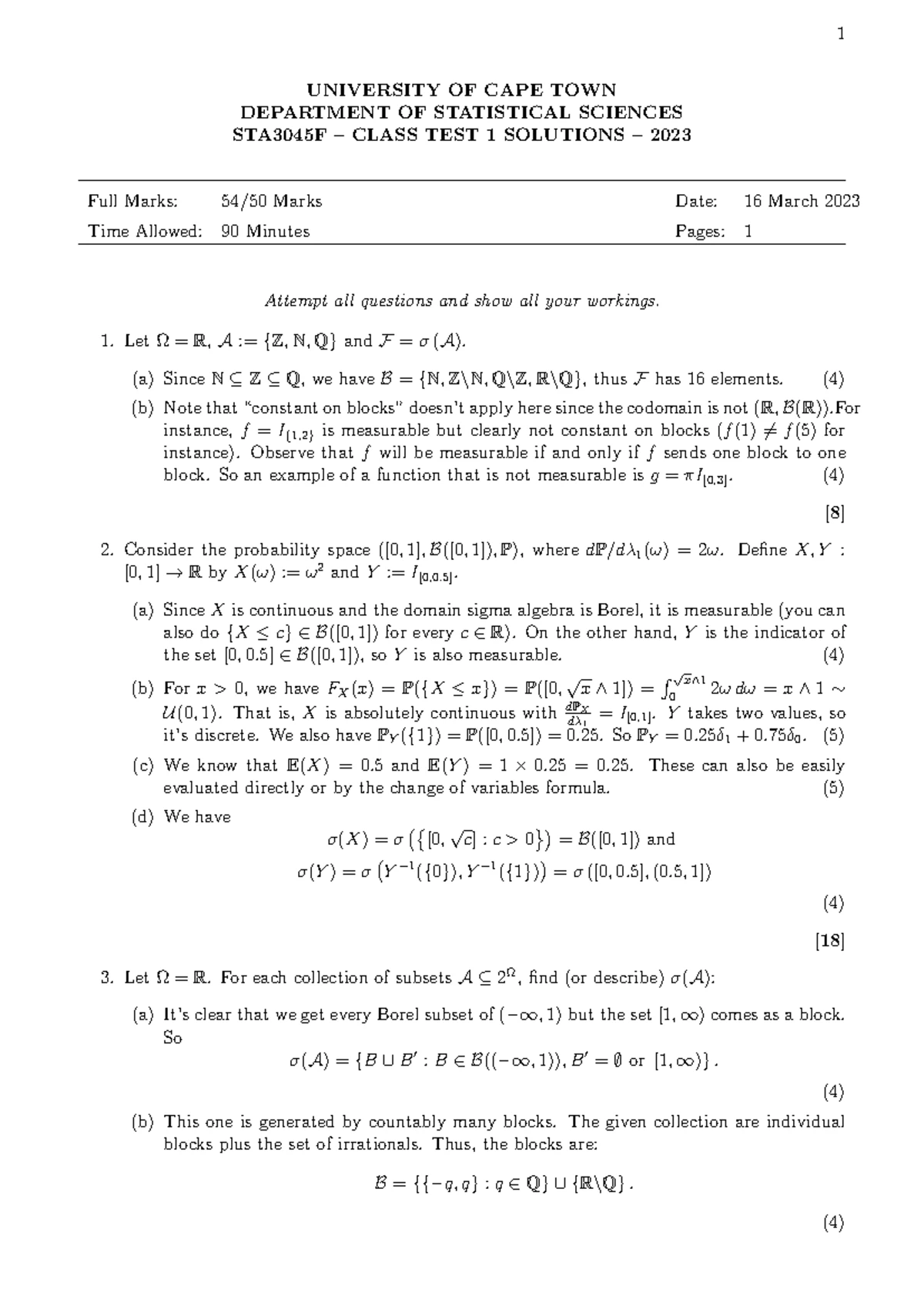 STA3045F Test 1 2010 - Past test paper - UNIVERSITY OF CAPE TOWN ...