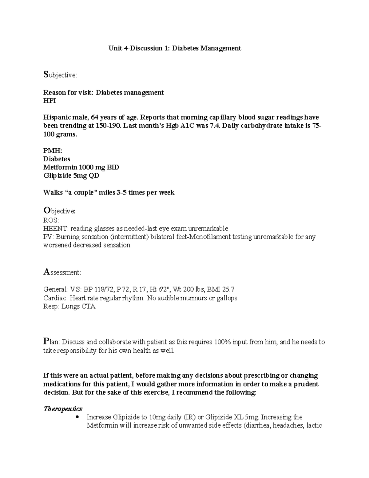Unit 4 - Unit 4 Diabetes Management - Unit 4-Discussion 1: Diabetes ...