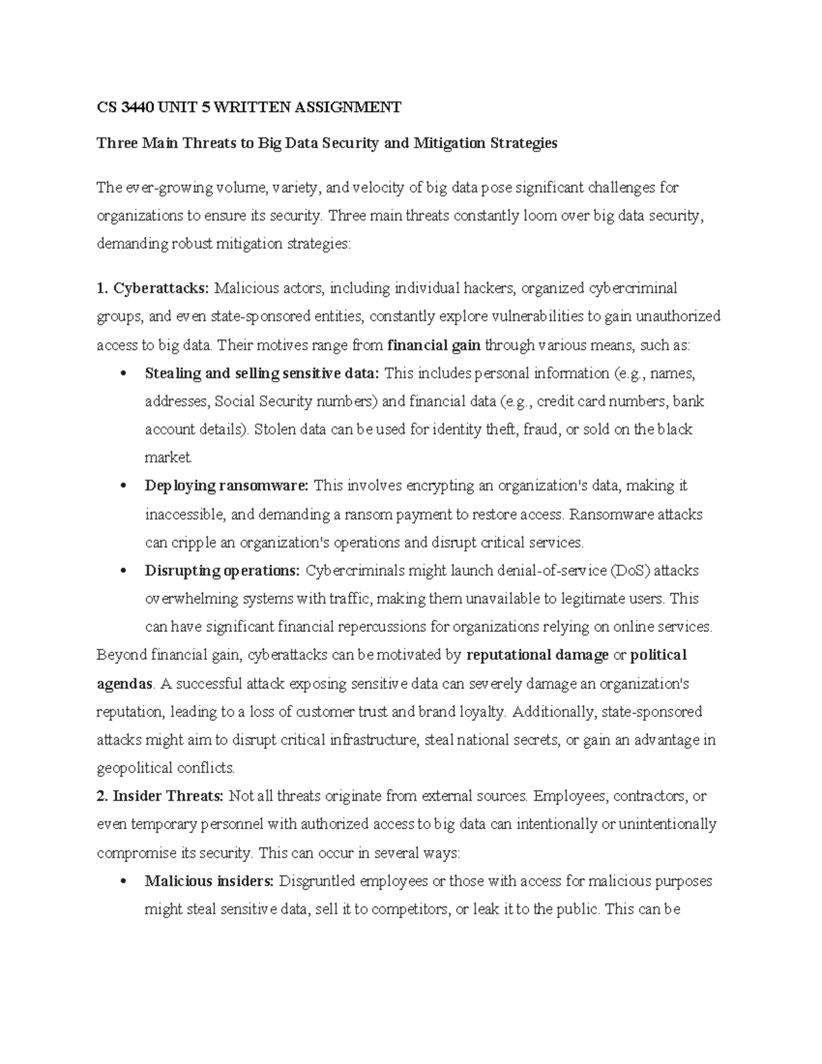 CS 3440-05 Written Assignment: Big Data Security Threats & Mitigation ...