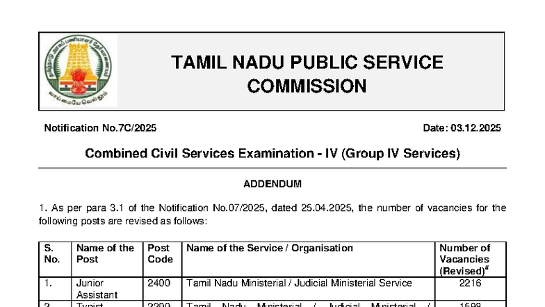 Addendum 7C 2025 - Tamil Nadu Public Service Commission Group IV ...