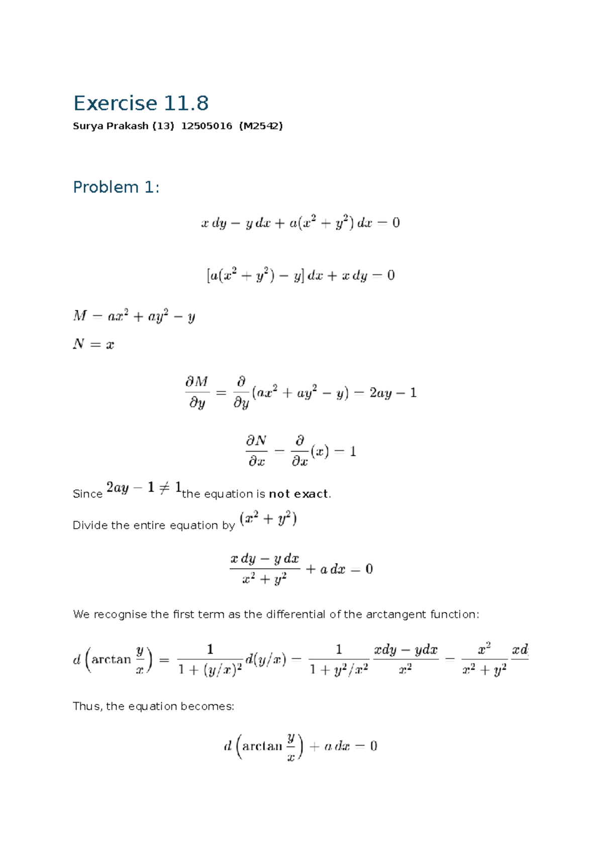 Exercise 11 Solutions for MTH166: Differential Equations Problems - Studocu