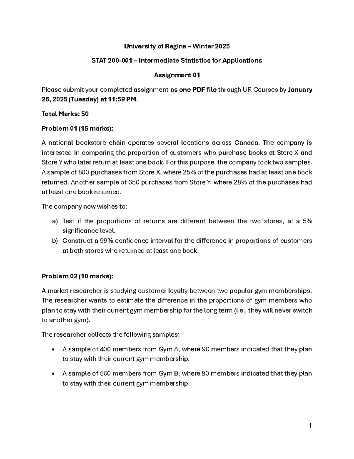 STAT200 Winter 2025 Intermediate Statistics Assignment 01 - Studocu