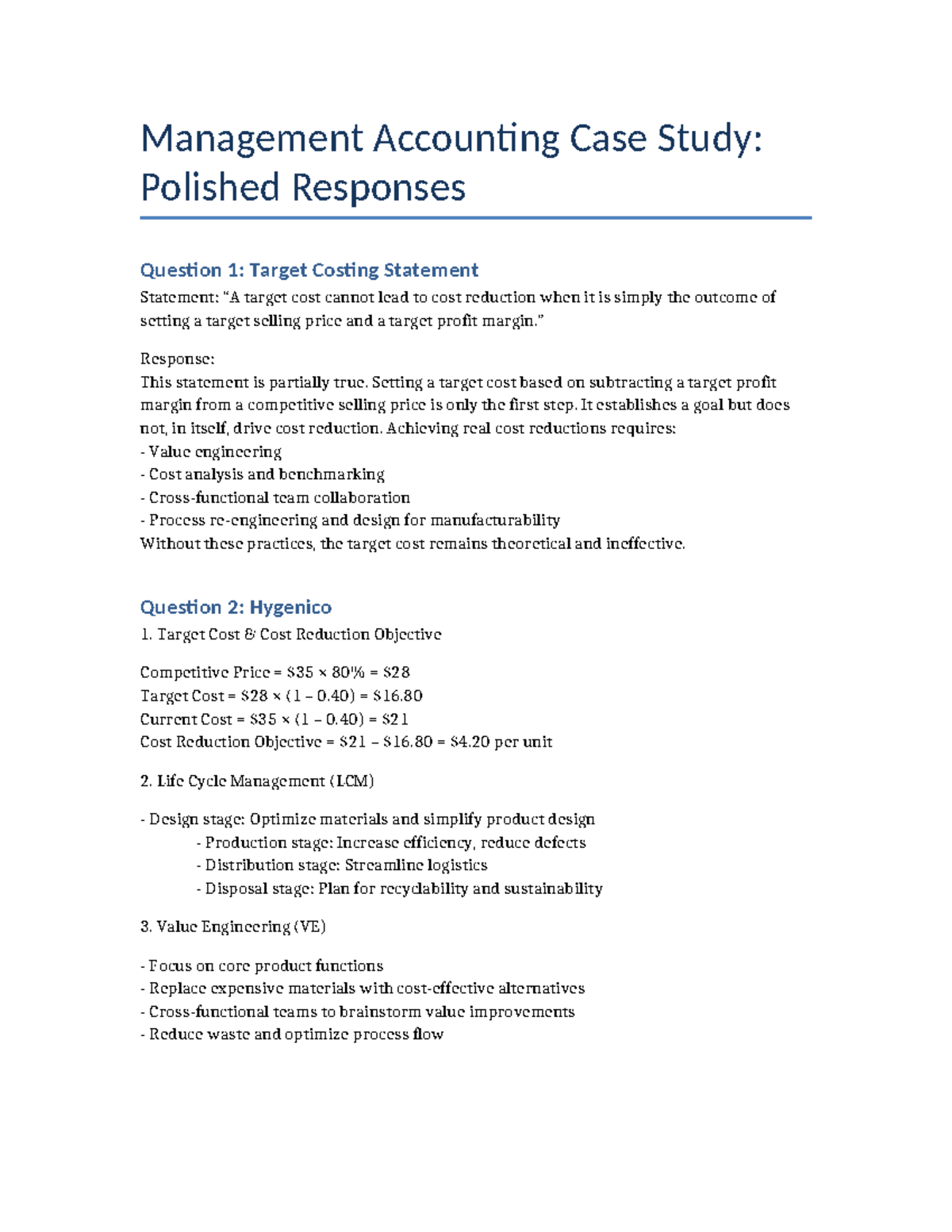 Management Accounting Case Study: Target Costing & Cost Reduction ...