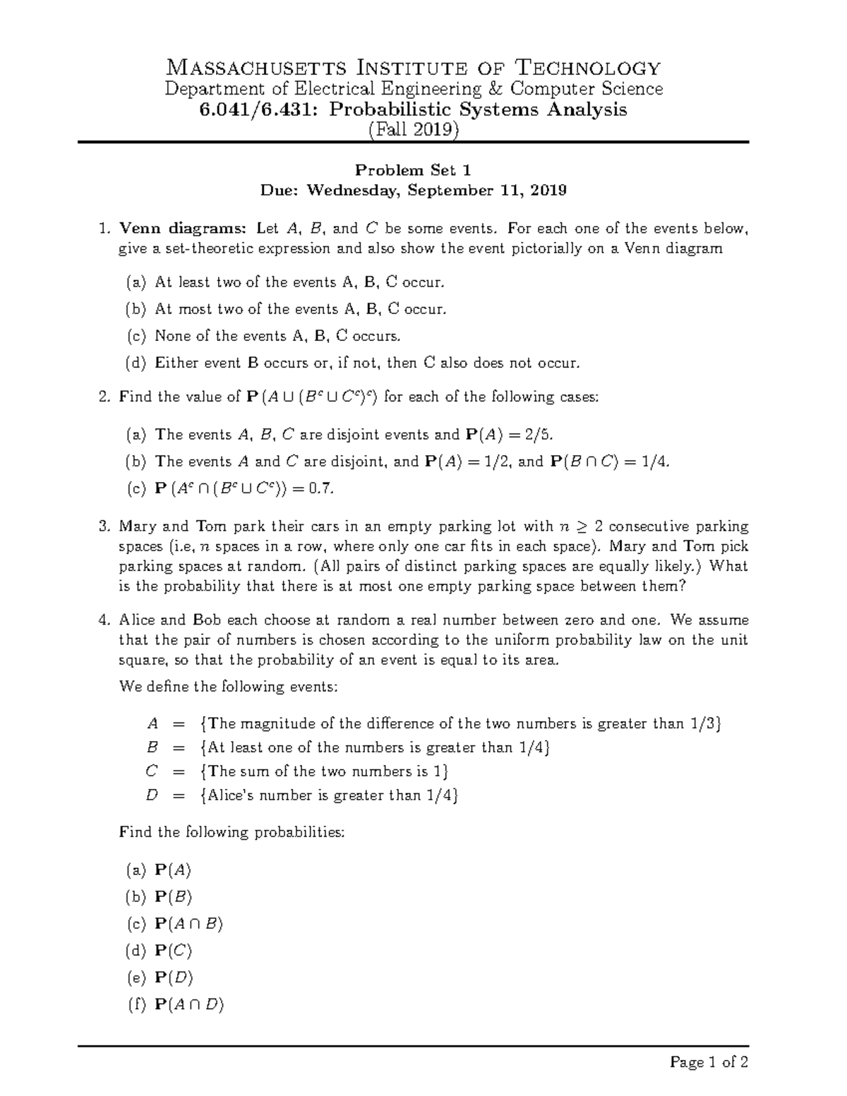 PS1 - Homework 1: Probabilistic Systems Analysis Problems (6.041/6.431 ...