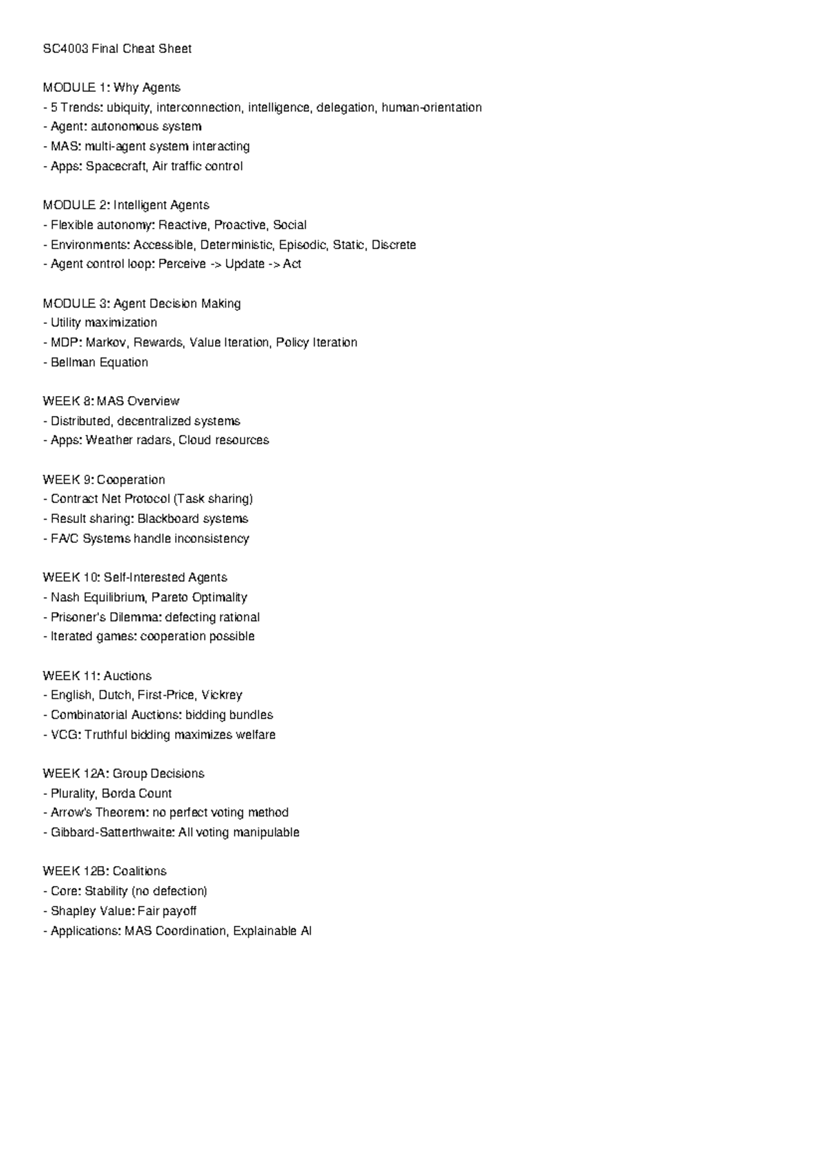 SC4003 Final Exam Cheat Sheet: Key Concepts in Multi-Agent Systems - Document Preview