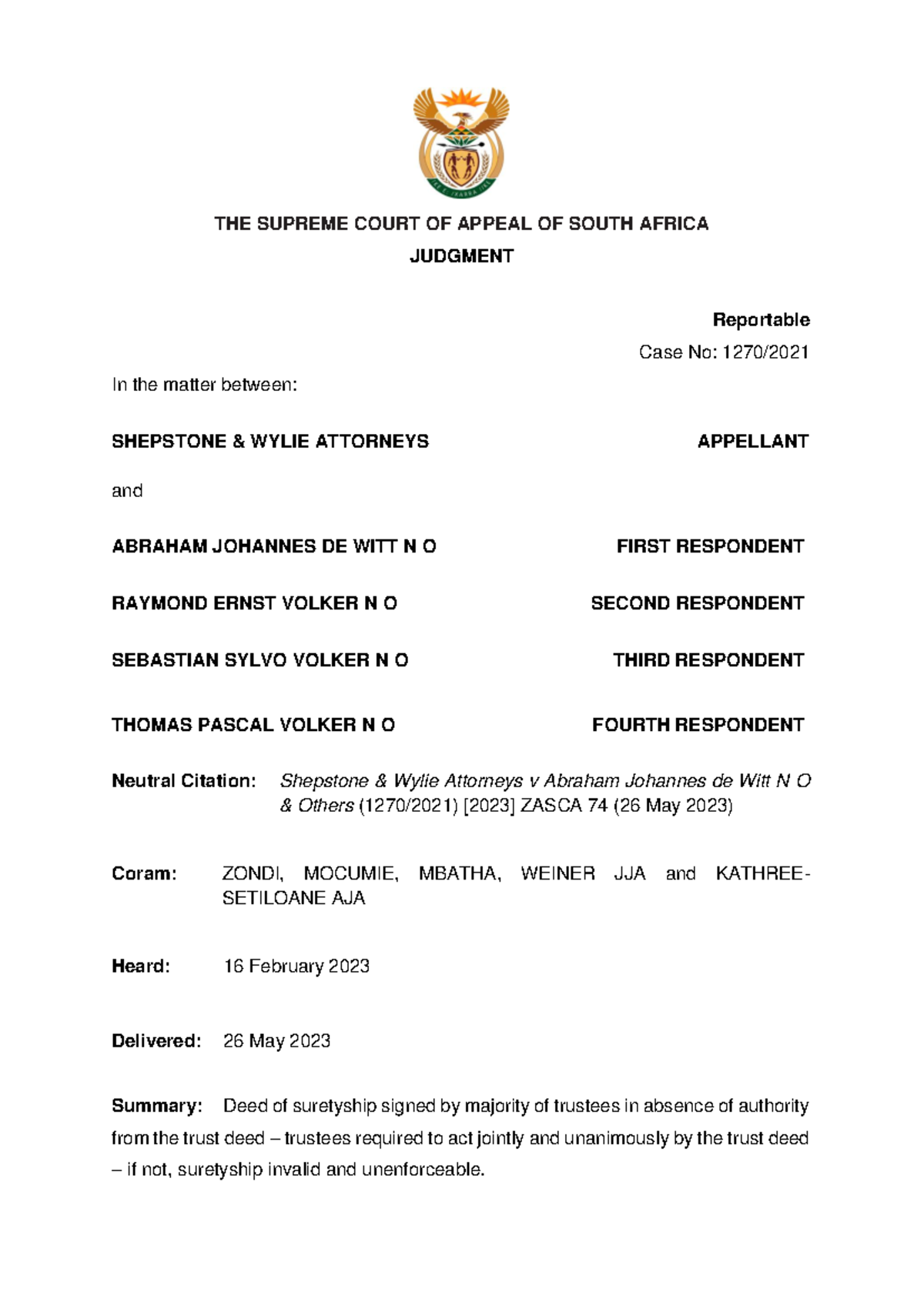 Shepstone & Wylie Attorneys v De Witt and Others: Case No. 1270/2021 ...