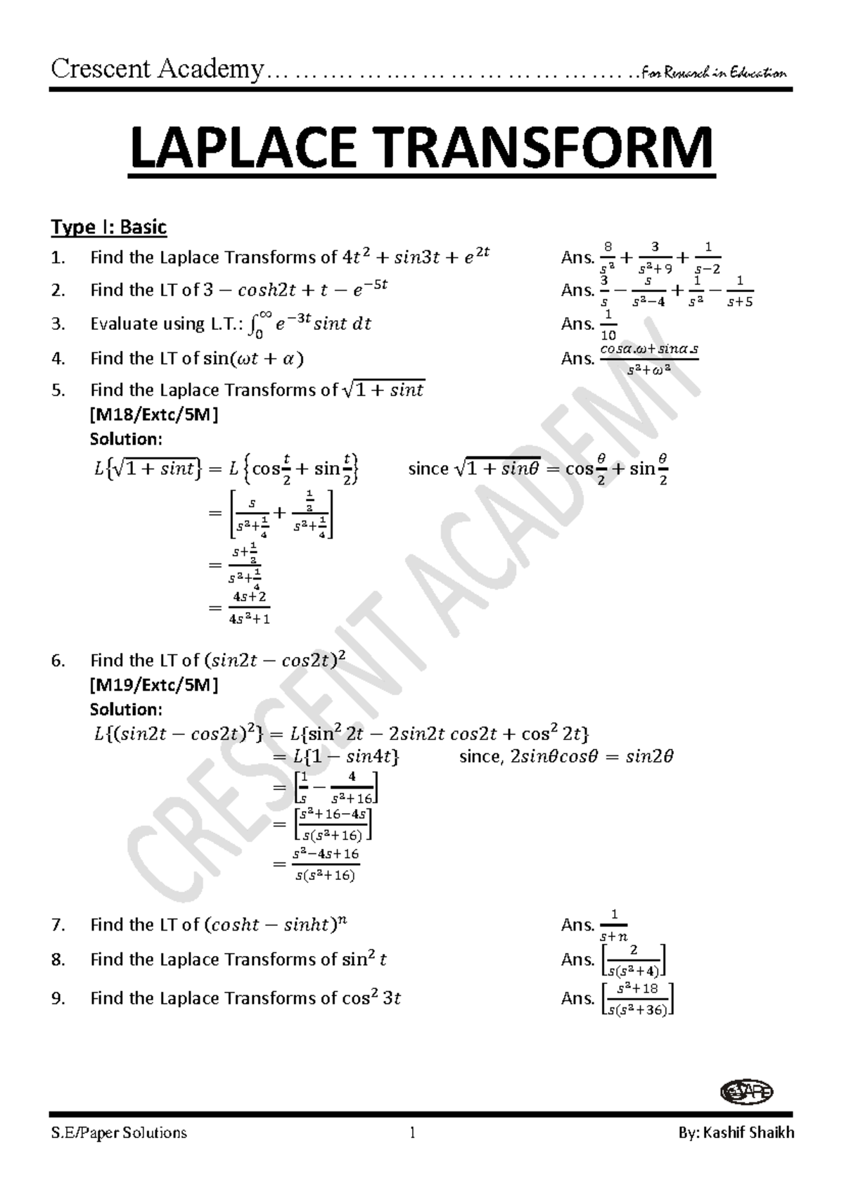 Laplace Transform Exam Solutions LAPLACE TRANSFORM 101 - Studocu