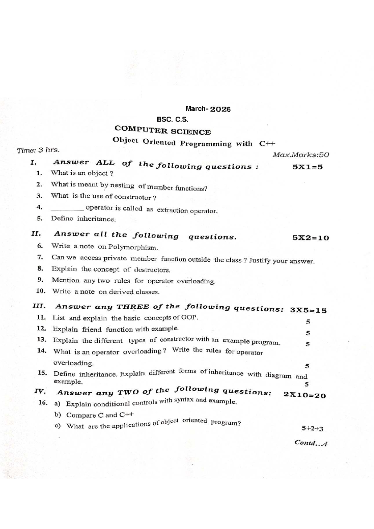 BSC C.S. 201 Batch: Object Oriented Programming Exam QP - Studocu