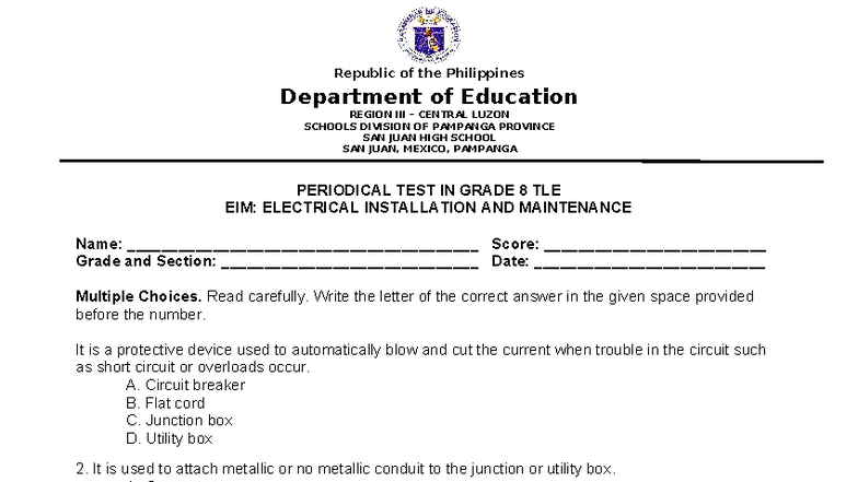 Periodic Test EIM: Grade 8 TLE Electrical Installation Assessments ...