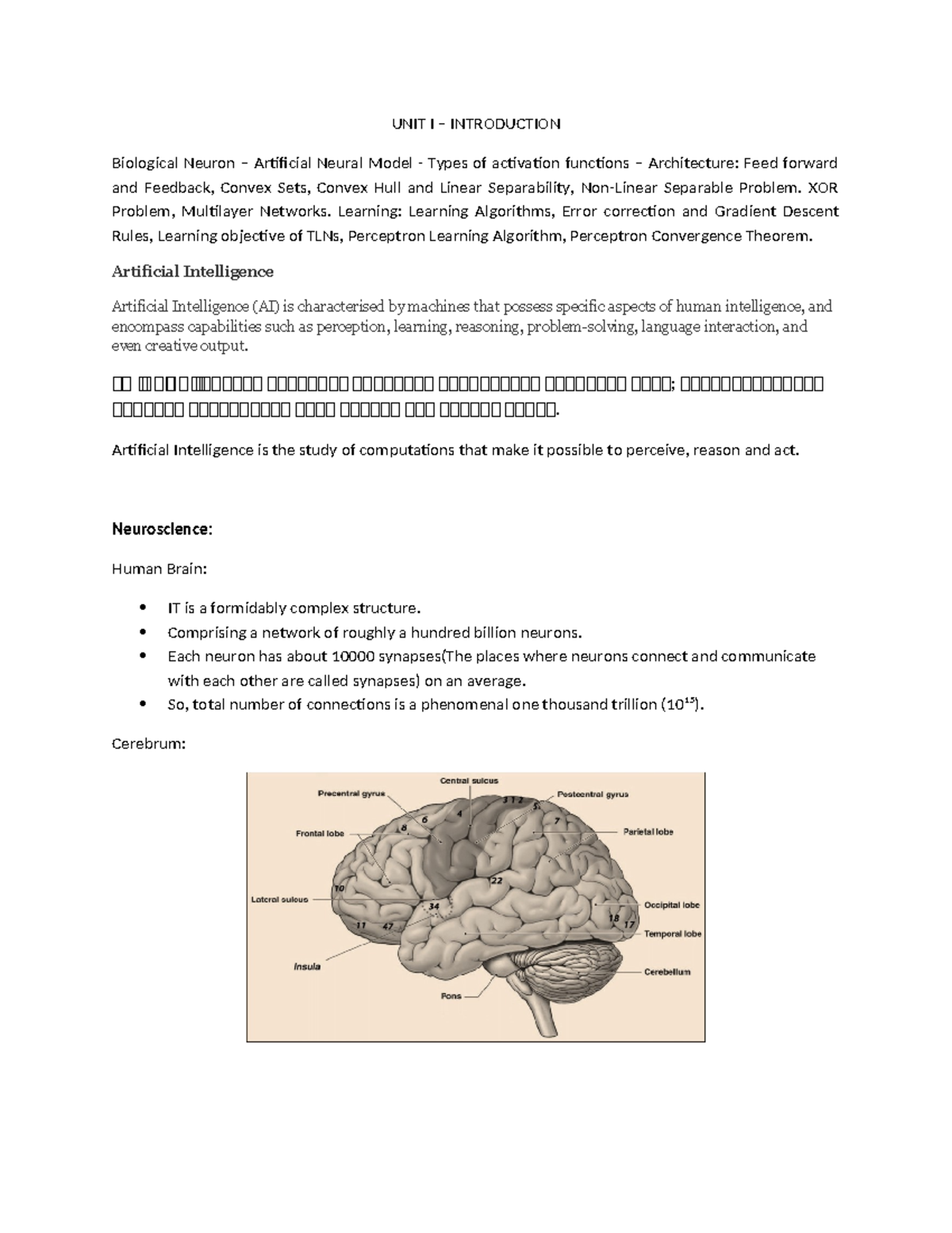 Unit 1: Introduction to Biological Neurons and AI Concepts - Studocu