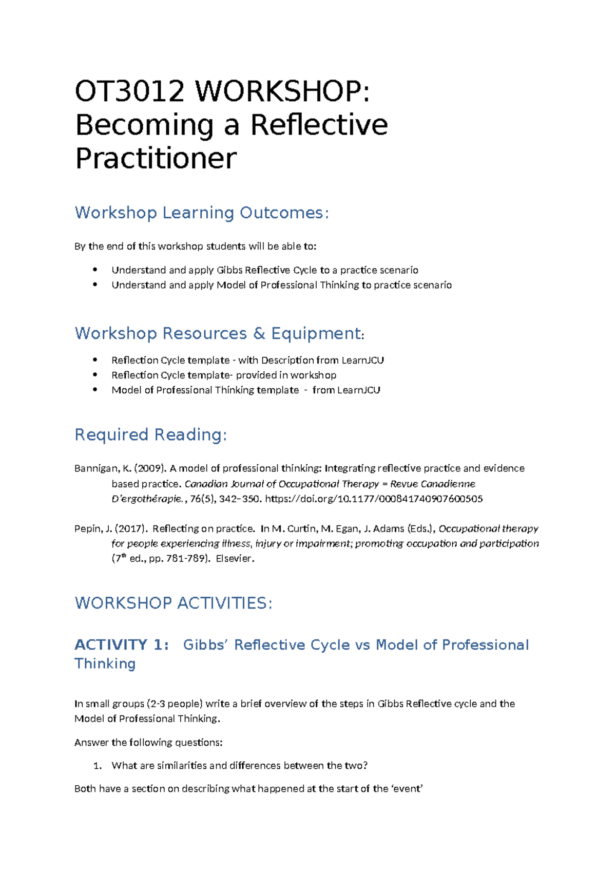 OT3012 Workshop: Reflective Practice Workbook & Activities 2025 - Studocu