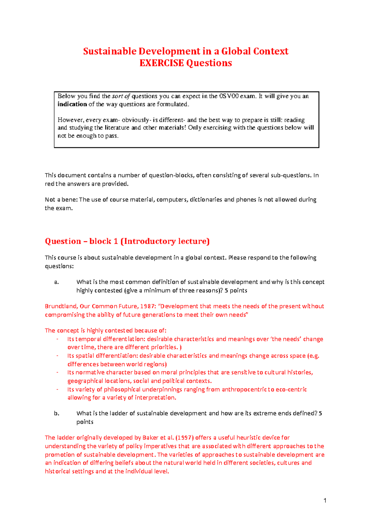 0SV00 - Exercise Exam Questions on Sustainable Development - Studeersnel
