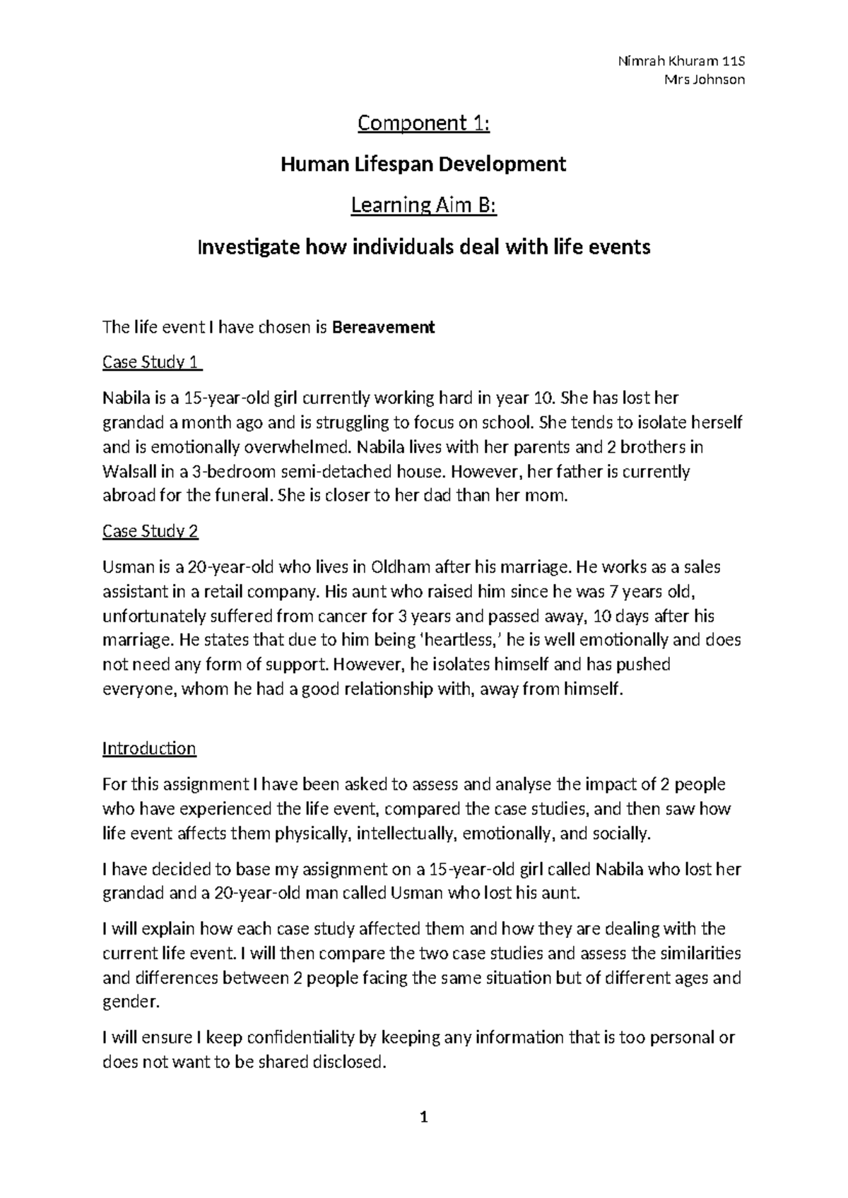Component 1 - LAB coping with life events - Mrs Johnson Component 1 ...