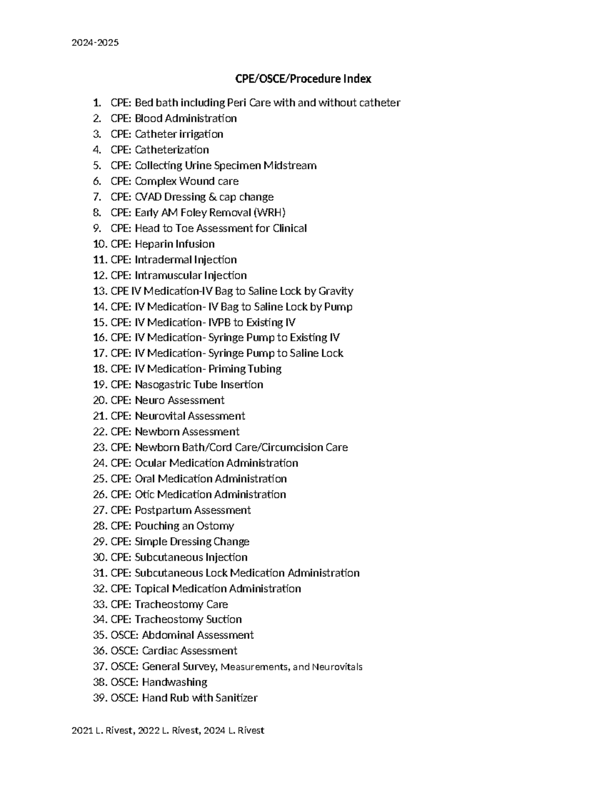 CPE & OSCE Procedure Index: Comprehensive Skills Overview - Studocu