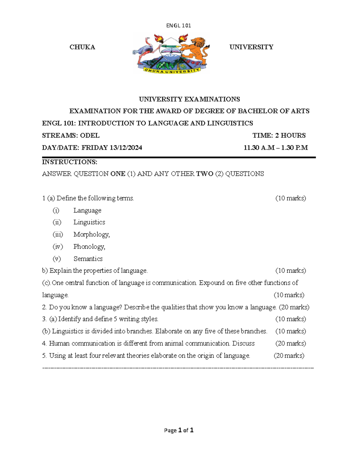 ENGL 101 - Chuka University Exam Notes on Language & Linguistics - Studocu