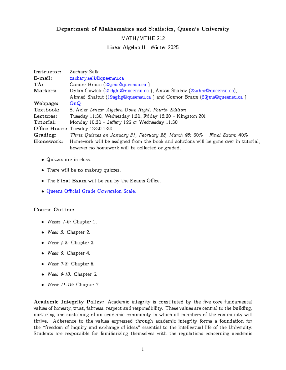 MATH/MTHE 212 Linear Algebra II Syllabus - Winter 2025 - Studocu